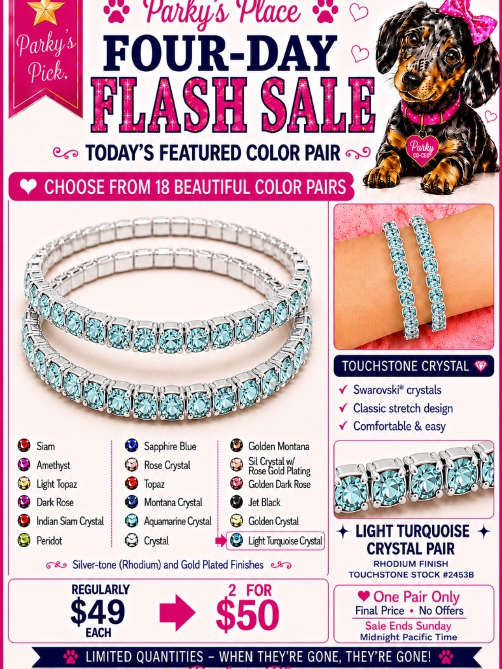 Touchstone Light Turquoise Crystal Pair Bracelets | Rhodium Finish